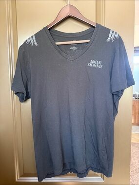 Armani Exchange Black V-Neck Tee with Shoulder Graphic